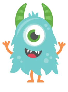a cartoon blue monster with big eyes and green horns