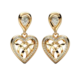 a pair of heart shaped earrings with diamonds