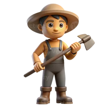 a cartoon character holding a shovel and wearing a hat