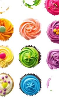 a bunch of colorful cupcakes on a white background