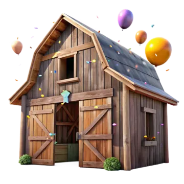 a barn with balloons in the air