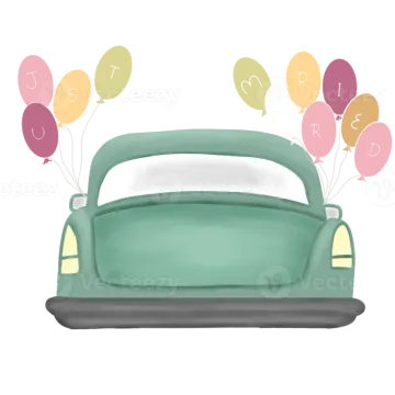 a green car with balloons in the back