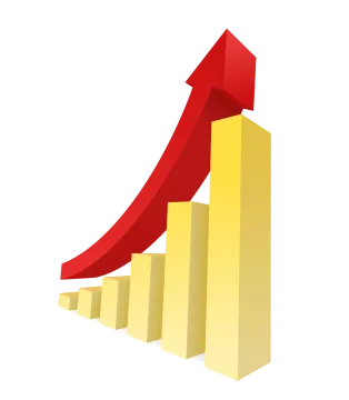 a gold bar chart with a red arrow
