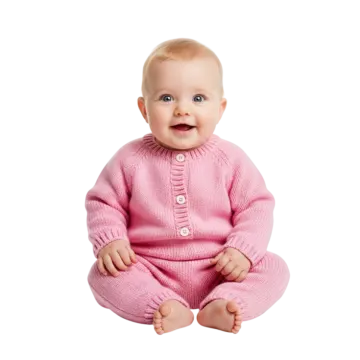 a baby sitting on the floor wearing a pink sweater