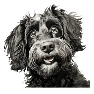 a black and white drawing of a dog's face
