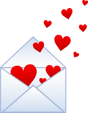 an envelope with hearts flying out of it