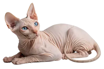 a hairless cat with blue eyes laying down