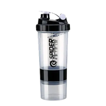 a black and white shaker bottle with a plastic lid