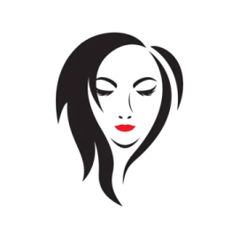 a woman's face with black hair and red lips