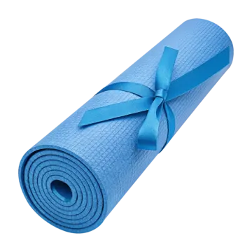 a blue yoga mat with a ribbon on it