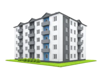 a three story apartment building with blue doors and windows