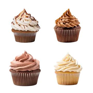 four cupcakes on a white background