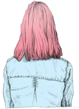 a drawing of a woman with pink hair