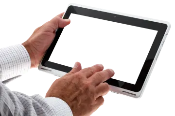 a man holding an ipad with a white screen
