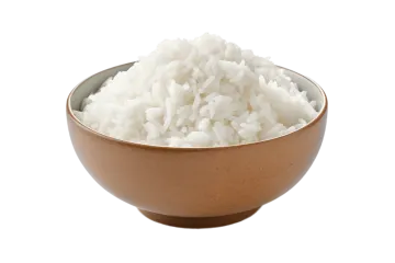 a bowl of white rice on a white background