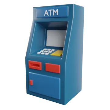 a blue atm machine on a white background