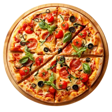 a pizza with tomatoes and olives on a wooden plate