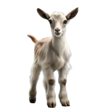 a baby goat standing in front of a white background