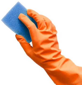a pair of orange gloves holding a blue sponge