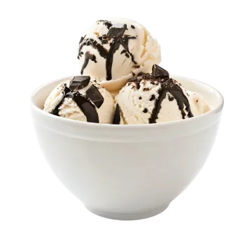 three scoops of ice cream in a white bowl