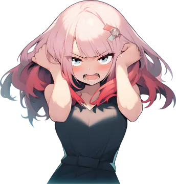 an anime girl with pink hair and blue eyes, wearing a black dress