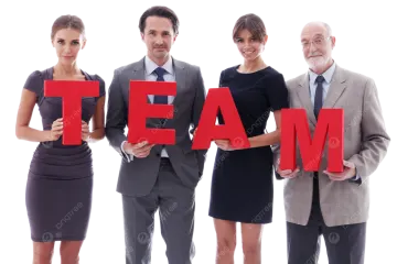 a group of business people holding up the word team