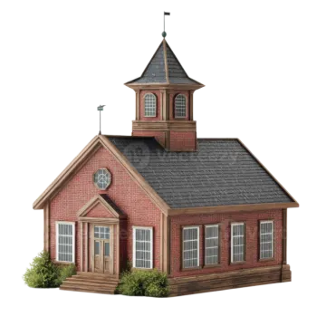 a small red brick church with a steeple on top