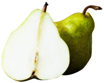 a pear cut in half on a white background