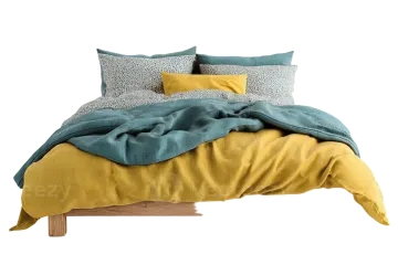 a bed with a yellow comforter and two pillows