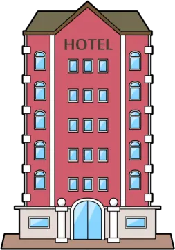 a red hotel building with windows