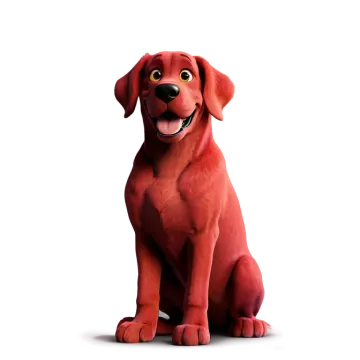 a red dog sitting down with its tongue out