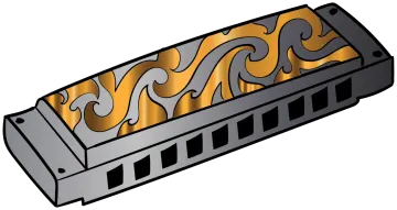 a harmonica with flames on it