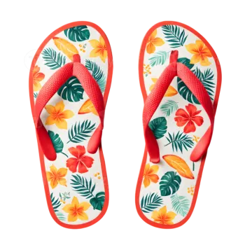 a pair of flip flops with tropical flowers and leaves
