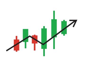 a green and red chart with an arrow pointing up