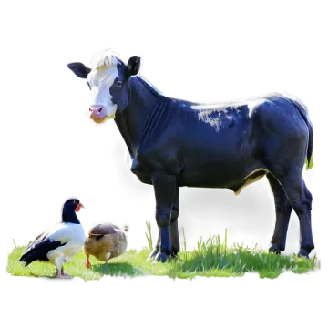 a black and white cow standing next to a duck