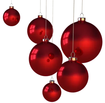 three red christmas balls hanging from the ceiling