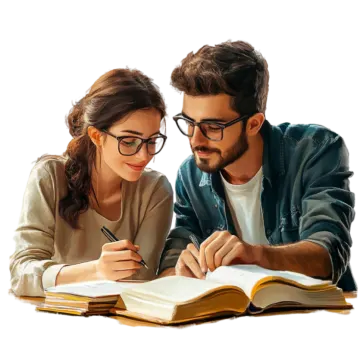 a man and woman sitting at a table writing