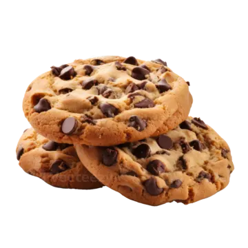 three chocolate chip cookies on white background