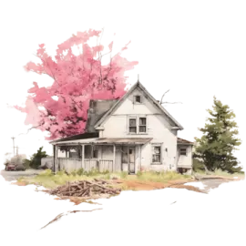a white house with pink flowers on the roof