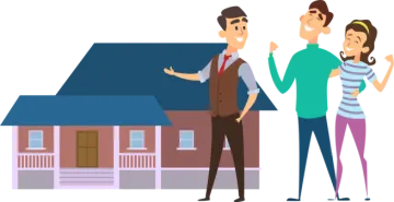 a man and woman standing in front of a house
