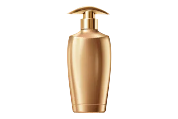 a bottle of gold liquid on a white background