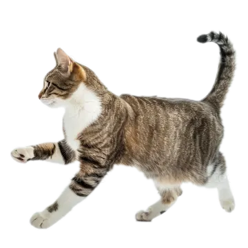 a gray and white cat running on a white background