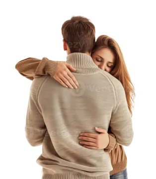 a man and woman hugging in front of a white background