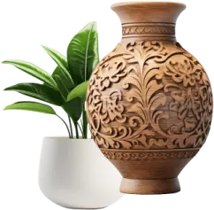 a wooden vase with a plant in it