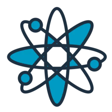 a blue and white icon of an atom