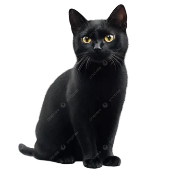 a black cat sitting down and looking at the camera