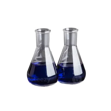 two laboratory beaks with blue liquid in them