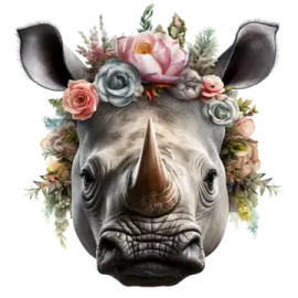a rhino with flowers on its head