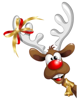 a reindeer with a red nose and gold bow
