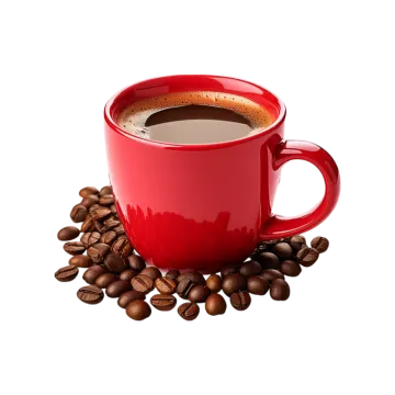 a red coffee cup surrounded by coffee beans